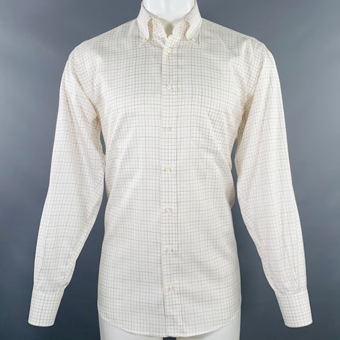LUCIANO BARBERA Size M Off White Tan Checkered Cotton Long Sleeve Shirt
