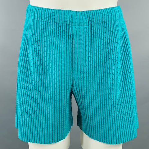 ISSEY MIYAKE HOMME PLISSE Size S Aqua Pleated Polyester Mesh Drawstring Waistband Button Fly Shorts
