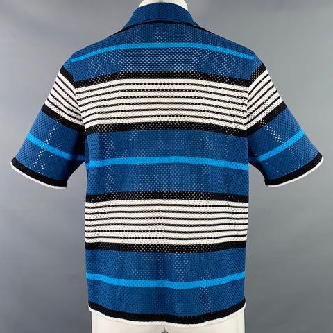 BURBERRY Size S Blue Black White Stripe Stretch Polyamide Mesh Camp Short Sleeve Shirt