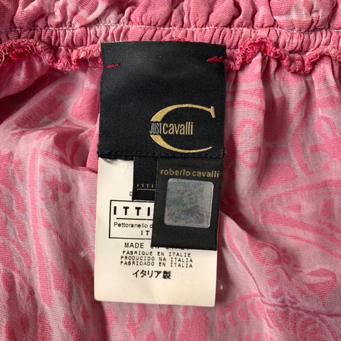 JUST CAVALLI Size L Pink Hot Pink Viscose & Silk Abstract See Through Blouse