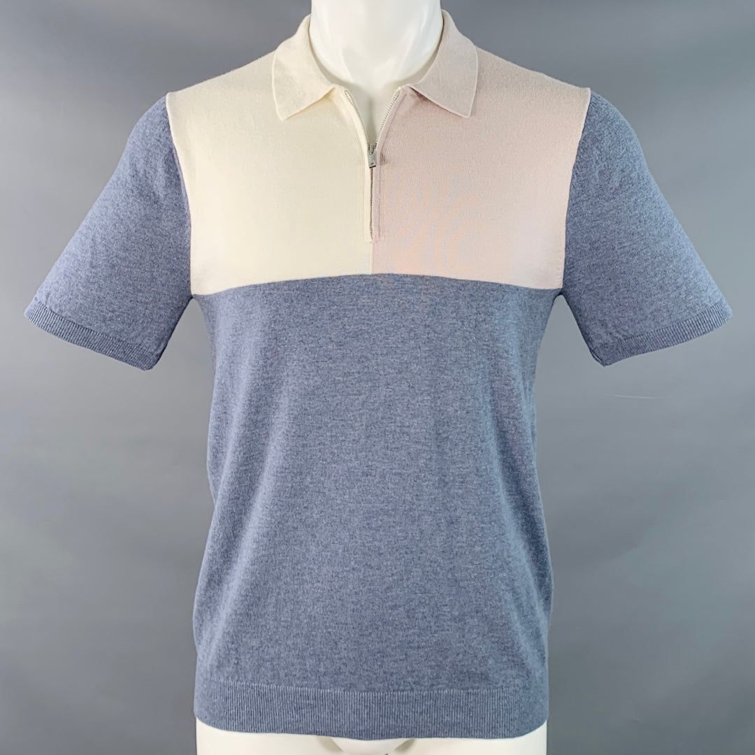REISS Size S Port Blue Cream Beige Color Block Wool Cotton Zip Up Polo