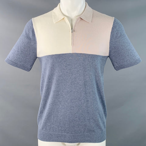 REISS Size S Port Blue Cream Beige Color Block Wool Cotton Zip Up Polo