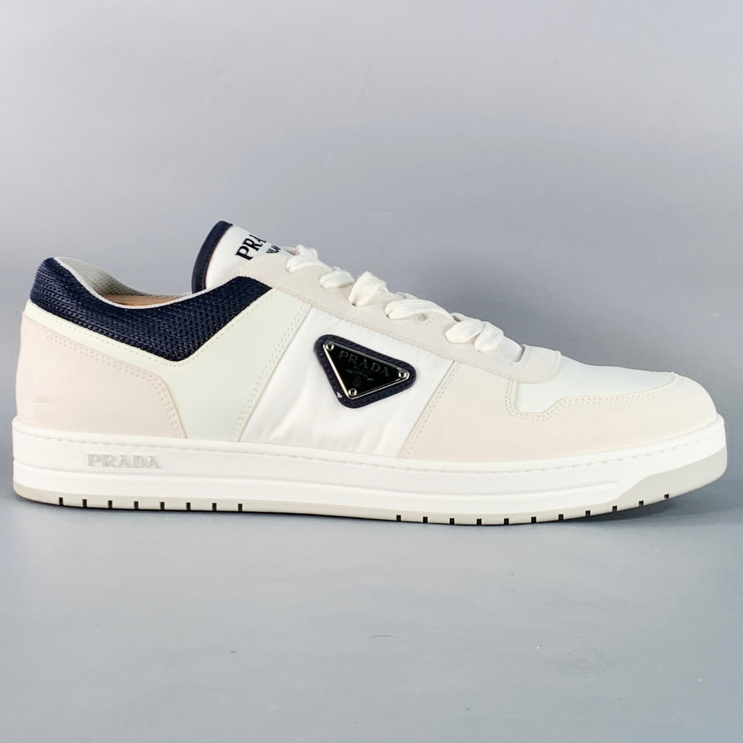 PRADA Size 11 White Navy Color Block Logo Leather Nylon Mesh Sneakers