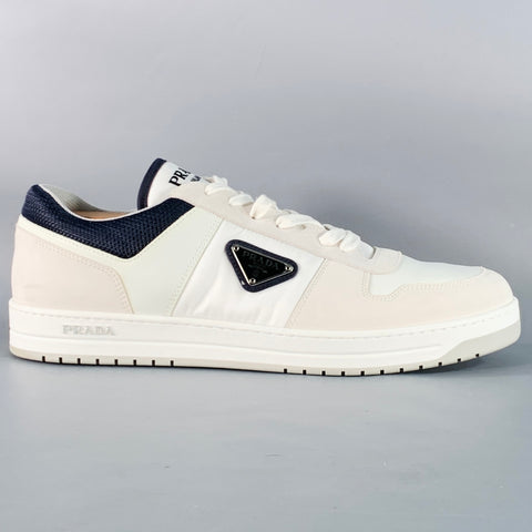 PRADA Size 11 White Navy Color Block Logo Leather Nylon Mesh Sneakers