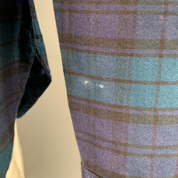 TODD SNYDER Size L Navy Teal Plaid Cotton One Pocket Long Sleeve Shirt