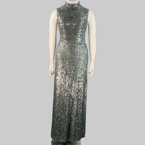 AKRIS Size 10 Silver Grey Polyamide Blend Sequined High Neck Sleeveless Long Evening Gown
