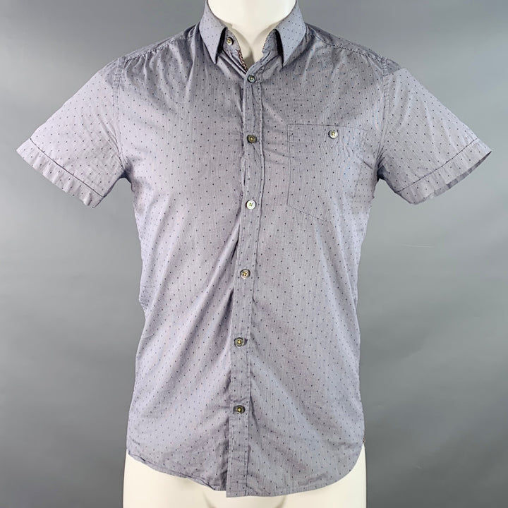 TED BAKER Size XS Bwenno Navy White Dots Cotton Blend One Pocket Short Sleeve Shirt