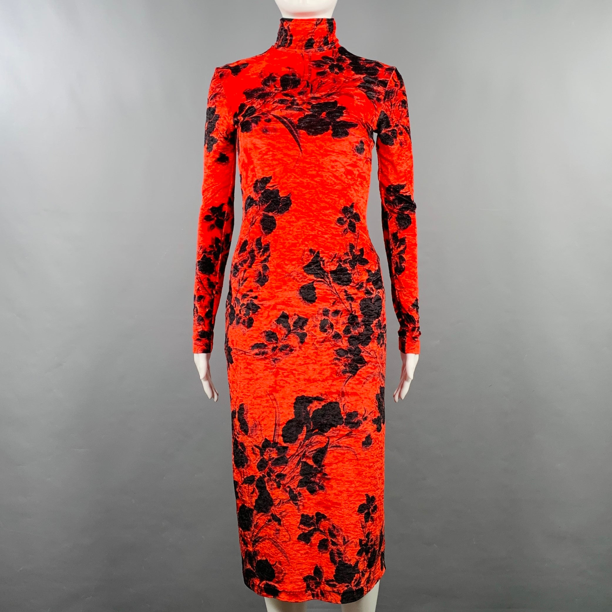 BALENCIAGA Size S Red Black Polyamide Stretch Blend Floral Turtleneck Midi Dress Sui Generis Designer Consignment