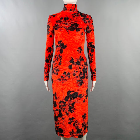 BALENCIAGA Size S Red Black Polyamide Stretch Blend Floral Turtleneck Midi Dress