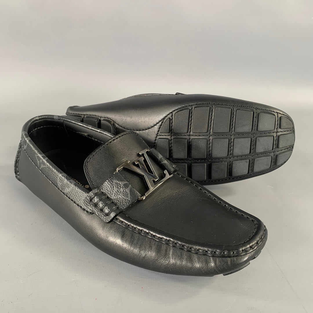 LOUIS VUITTON Size 7.5 Black Grey Logo Leather Loafers