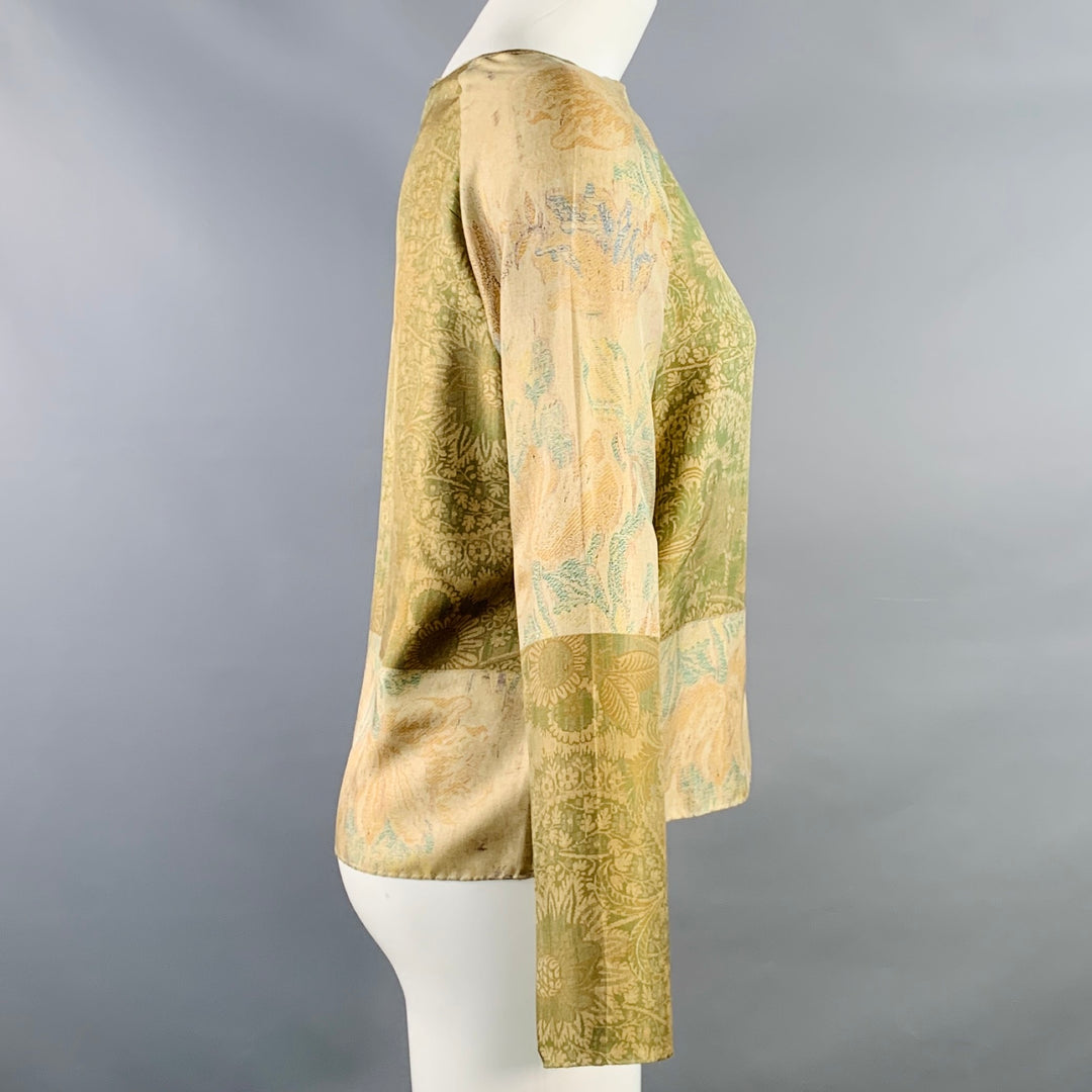 PIERRE-LOUIS MASCIA Size XS Green Brown Silk Floral Long Sleeve Dress Top