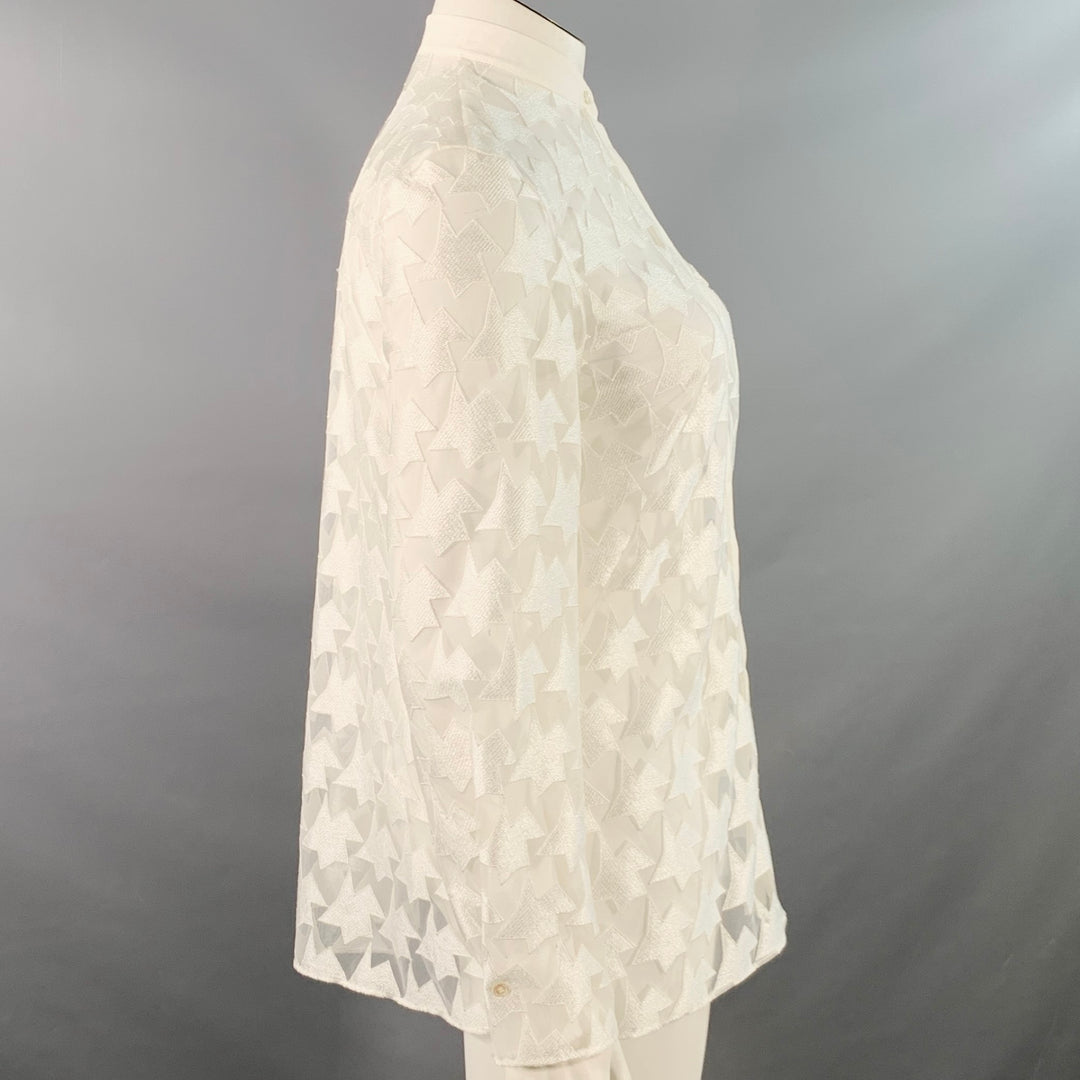 AKRIS Size 10 White Polyester Abstract Lace Nehru Collar Shirt