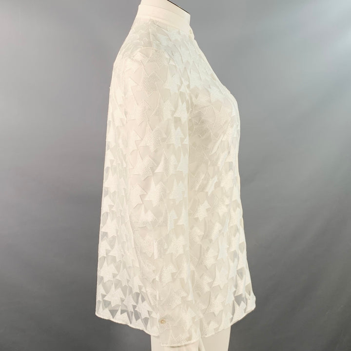 AKRIS Size 10 White Polyester Abstract Lace Nehru Collar Shirt