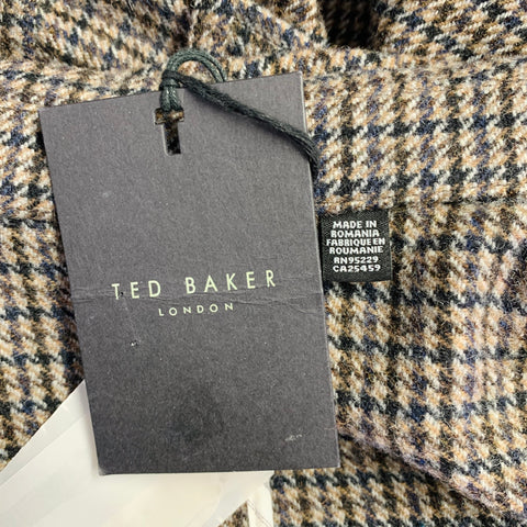 TED BAKER Size XXXL Brown Navy Plaid Wool Blend Belted Coat