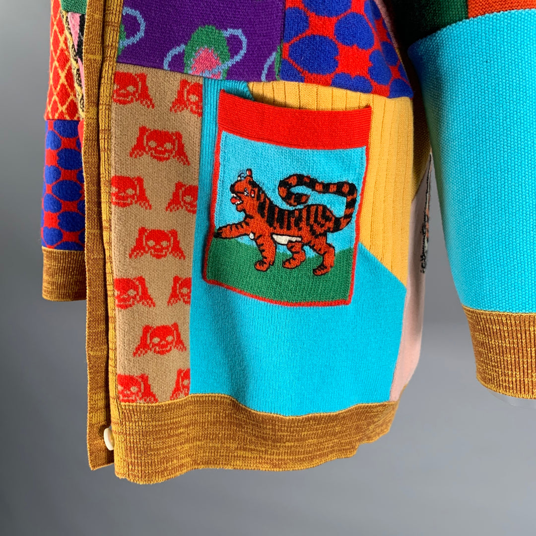 GUCCI Size XL Camel Wool Blend Patchwork Cardigan