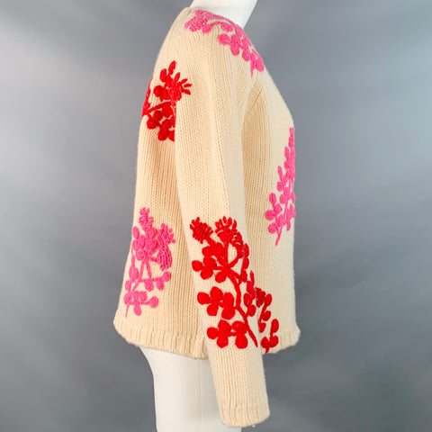 FRANCES VALENTINE Size M Beige Red Pink Lambswool Knit Floral Cardigan