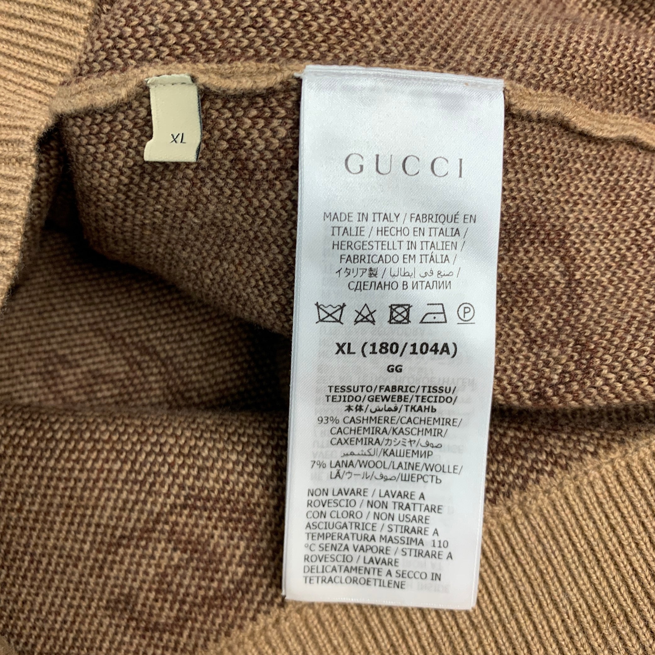 GUCCI Size XL Tan Brown GG Monogram Cashmere Wool V-Neck Sweater