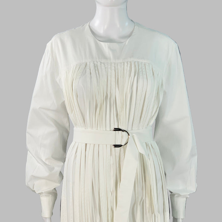 MANTU Size M White Cotton Fringe Belted Midi Dress