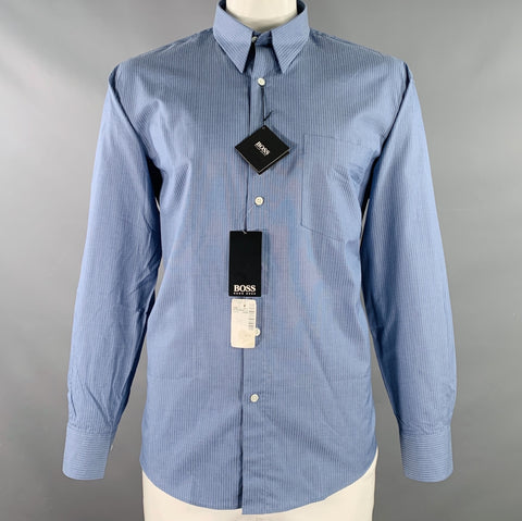 BOSS by HUGO BOSS Size L Blue Navy Stripe Cotton One Pocket Long Sleeve Shirt