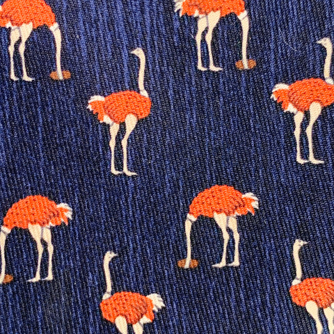 HERMES Navy Red Ostrich Birds Silk Tie