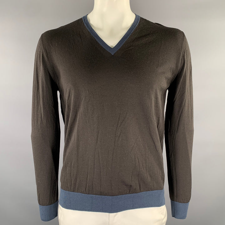 PRADA Size XL Grey Blue Knitted V-Neck Pullover