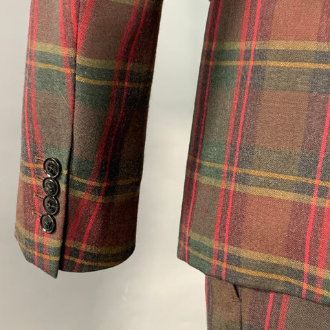 DRIES VAN NOTEN Size 36 Red Green Plaid Wool Notch Lapel Suit