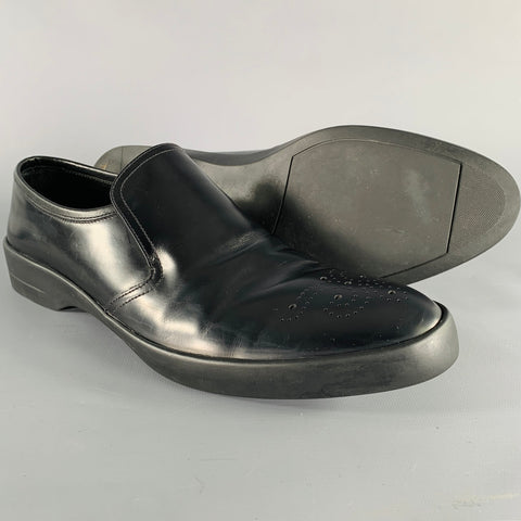 PRADA Size 9.5 Black Perforated Leather Slip On Loafers