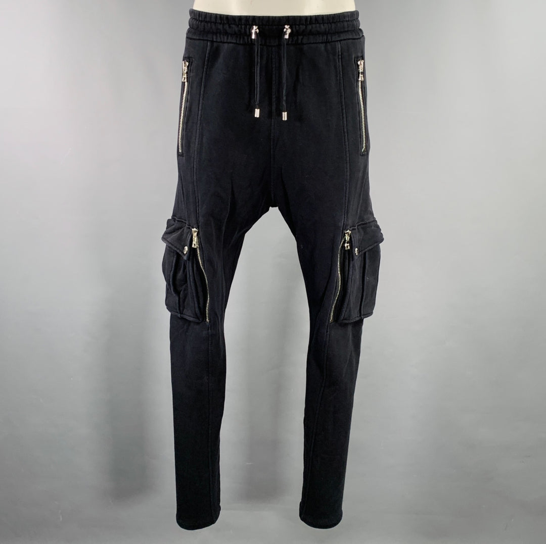 BALMAIN Size XL Black Cargo Zip Pockets Casual Pants
