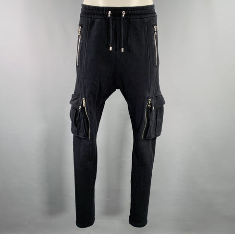 BALMAIN Size XL Black Cargo Zip Pockets Casual Pants
