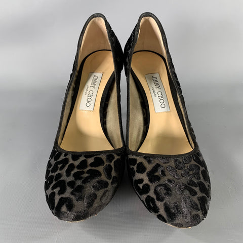 JIMMY CHOO Size 9 Black Devore Leopard Round Toe Pumps