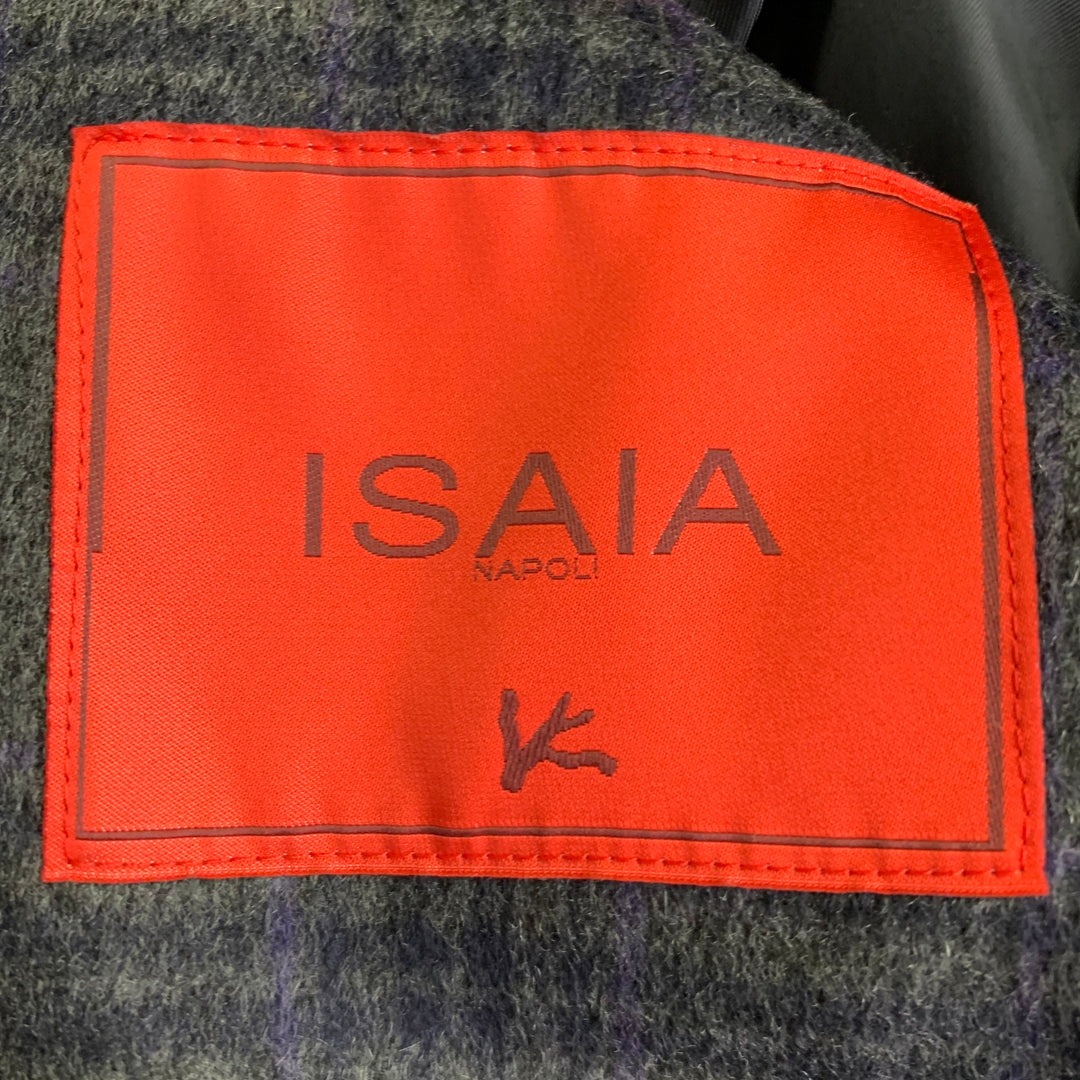ISAIA Size 38 Grey Purple Plaid Cashmere Single Breasted Hidden Buttons Coat