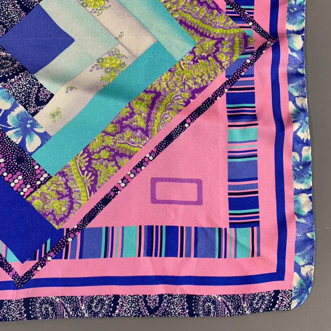 ETRO Pink Blue Mixed Pattern Silk Pocket Square
