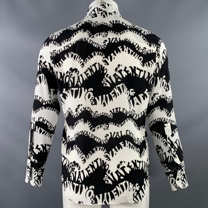 VALENTINO SS 1970 Archive Size S Black White Wave Print Silk Button Up Long Sleeve Shirt