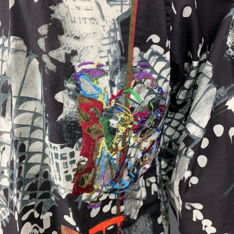 ROBERT GRAHAM Size L Black White Orange Applique Cotton Long Sleeve Shirt