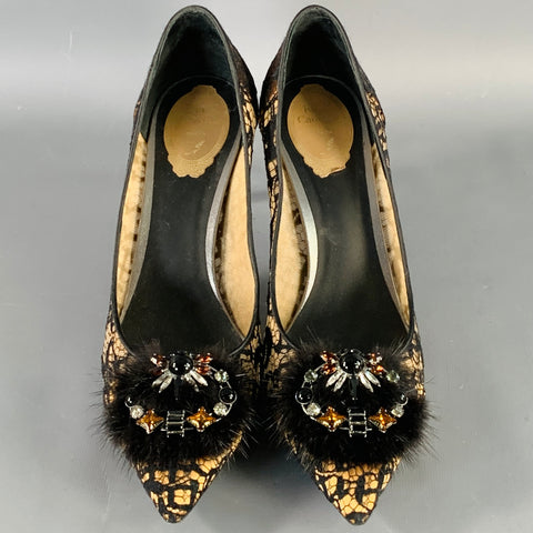 RENE CAOVILLA Size 10.5 Brown Black Lace Rhinestones Pointed Toe Stiletto Pumps