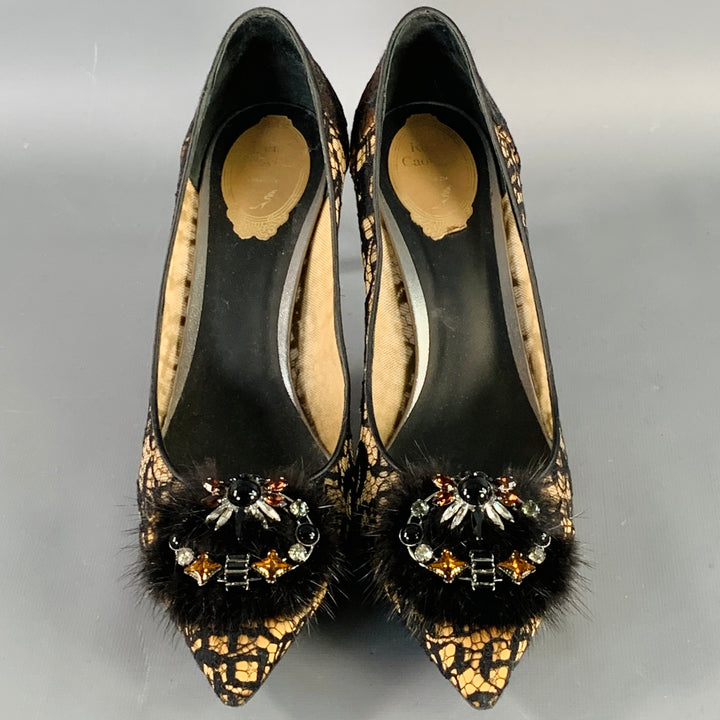 RENE CAOVILLA Size 10.5 Brown Black Lace Rhinestones Pointed Toe Stiletto Pumps
