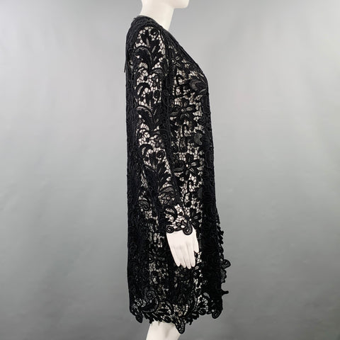 RALPH LAUREN Size 4 Black Cotton Lace Leather Trim Open Front Coat