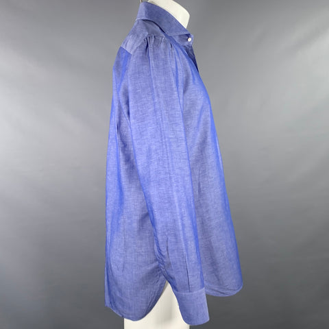 CIFONELLI Size M Blue Cotton Linen Cutaway Collar Long Sleeve Shirt