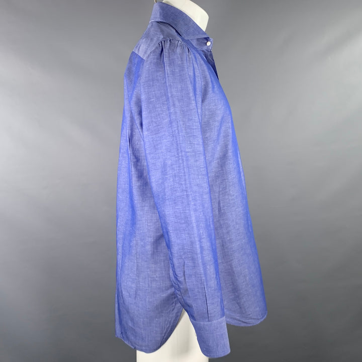 CIFONELLI Size M Blue Cotton Linen Cutaway Collar Long Sleeve Shirt