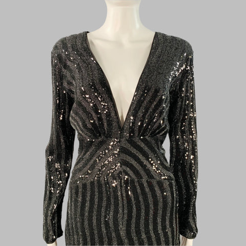 JOHN RICHMOND Size M Black Silver Polyester Sequined V-Neck Evening Gown