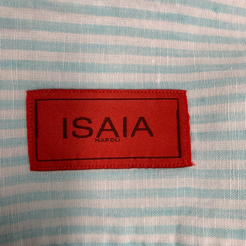 ISAIA Size XL Blue White Stripe Linen Cotton Roll Tab Long Sleeve Shirt