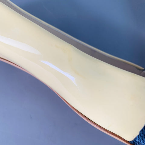 GUCCI Vintage Size 10 Vernice Beige Red Blue Patent Leather Web Bamboo Buckle Flats