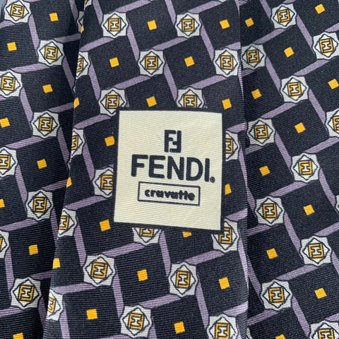 FENDI Black Yellow Monogram Silk Tie