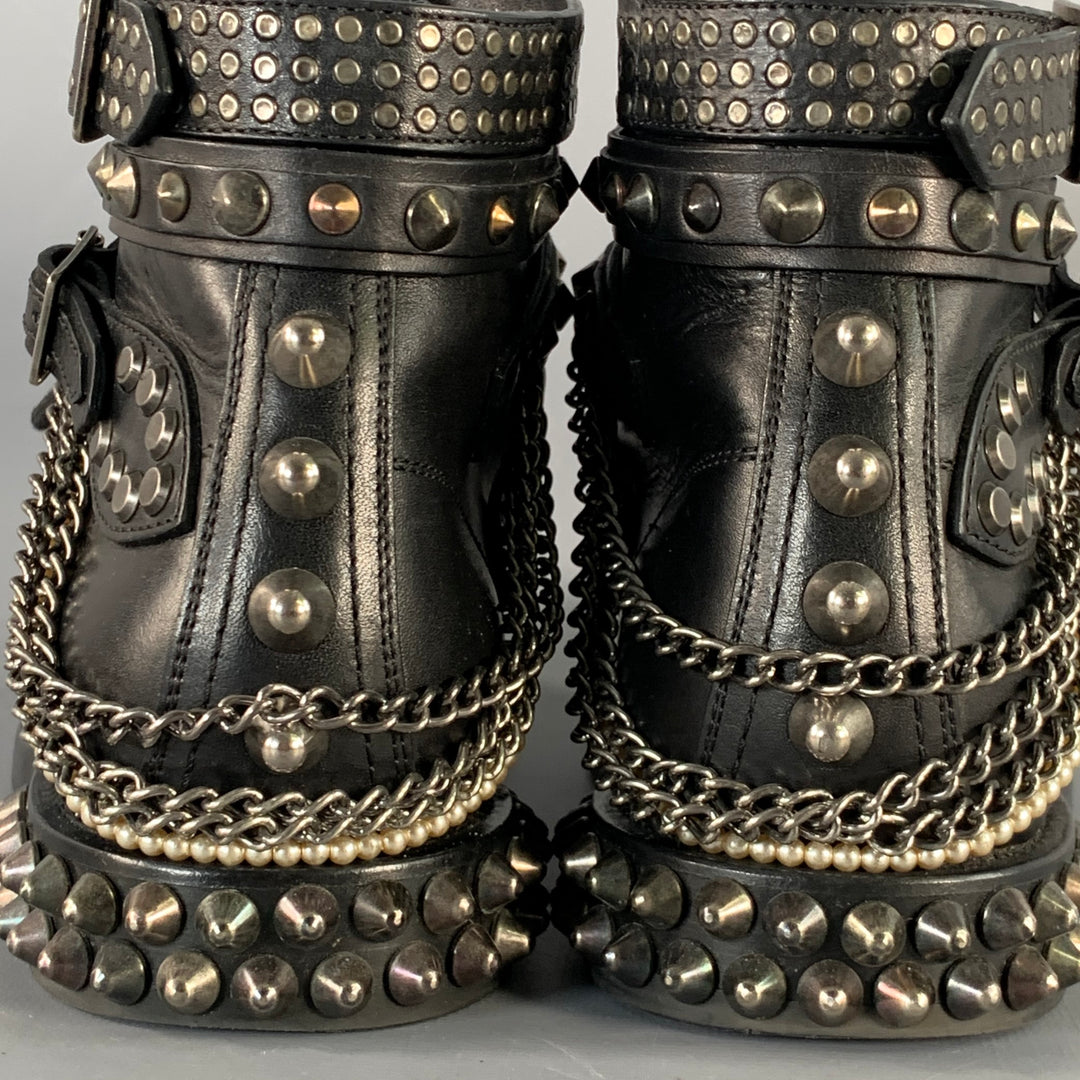 SAINT LAURENT Size 6.5 Black Studded Leather Lace-Up Belted Boots