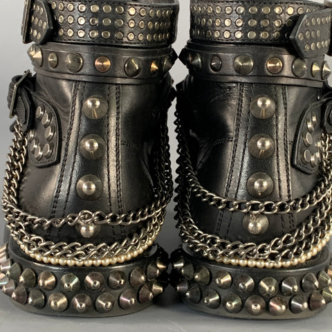 SAINT LAURENT Size 6.5 Black Studded Leather Lace-Up Belted Boots