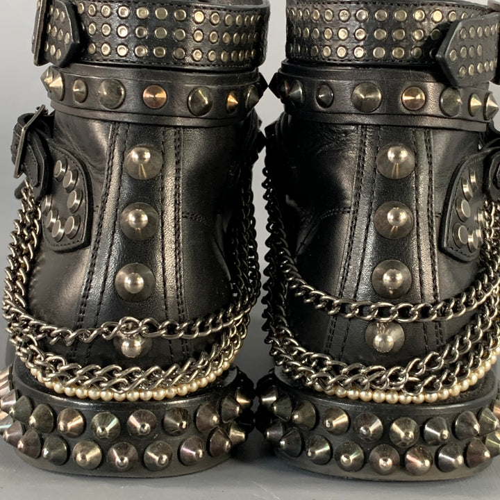 SAINT LAURENT Size 6.5 Black Studded Leather Lace-Up Belted Boots