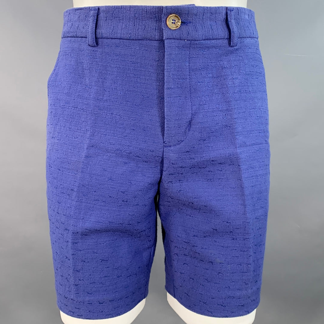 MR TURK Size 32 Blue Textured Cotton Blend Zip Fly Shorts