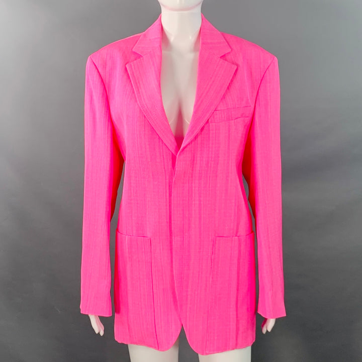 JACQUEMUS Size S Le Coup de Soleil Neon Pink White Viscose Silk Notch Lapel Jacket Blazer
