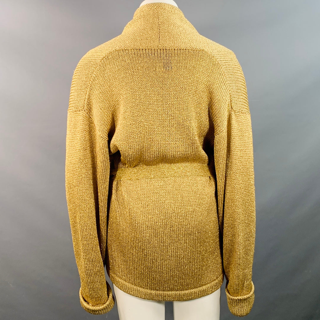 RALPH LAUREN Size L Gold Metallic Knit Belted Cardigan
