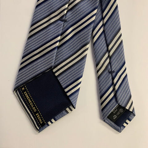 ERMENEGILDO ZEGNA One Size Blue Silver Diagonal Stripe Silk Tie
